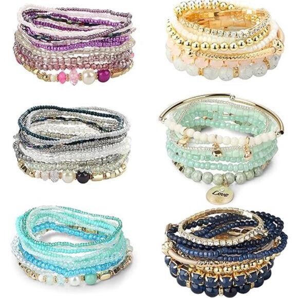 6 Sets Bohemian Stackable Bead Bracelets for Women - Stretch Multilayered Boho - Picture 7 of 7